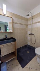 a bathroom with a shower and a sink and a toilet at Les Geckos in Saintes-Maries-de-la-Mer +31 photos