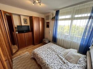 a bedroom with a bed and a large window at Petofi Downtown in Kecskemét
