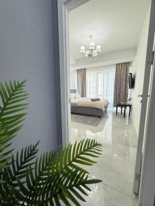 a room with a bedroom with a bed and a plant at RentNow Large and Cozy Apartment in the Center, Parking in Chişinău