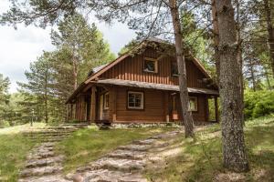 a log cabin in the woods with trees at Vabalynė in Vilkiškės