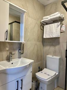 Un baño con lavabo, inodoro y espejo. en Arapgir Nazar Hotel, en Arapkir