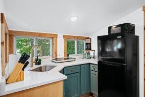 a kitchen with green cabinets and a black refrigerator at Arbutus Lakeside Stay-Pontoon Rentals-Near TC! in Traverse City