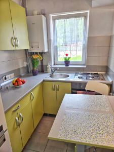 a kitchen with yellow cabinets and a sink and a window at Teglas Apartment in Mediaş