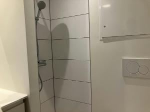 a shower in a bathroom with a glass door at Central and Spacious Apartment for 4 in Esbjerg +13 photos