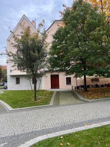 a white house with two trees in front of it at Apartamenty Katedralna Legnica in Legnica