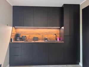 Una cocina con gabinetes negros y un fregadero. en Turawa Lake Apartments, en Turawa