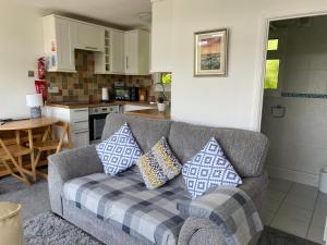 a living room with a couch and a kitchen at Chalet 8 The Woodlands in Tywyn