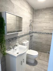 a bathroom with a toilet and a sink and a mirror at One Bedroom Apartment Near Heathrow Airport & London in Hayes
