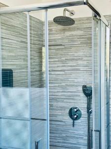 a shower with a glass door and a shower head at BERNOCCHI ROMA APARTMENT, difronte metropolitana in Acilia