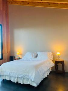 a bedroom with a large white bed with two lamps at El filo del Lolog in San Martín de los Andes