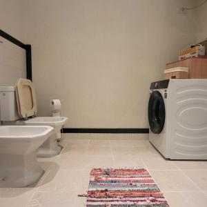 a bathroom with a washing machine and a toilet at Pelikan Lake House in Shkodër +32 photos