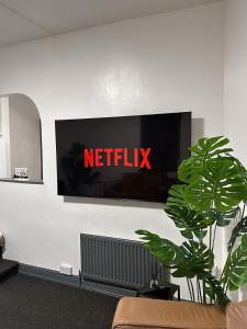 a netflix sign on a wall with a plant at 2 Bed Apartment off London Road in Sheffield