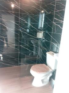 ein Bad mit einem WC und einer schwarz gefliesten Wand in der Unterkunft Comodo y acogedor apartamento en Los Mameyes in Los Tres Ojos de Agua