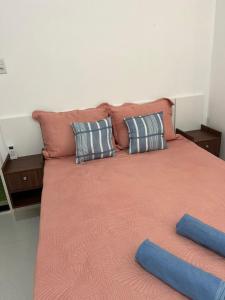 ein großes Bett mit zwei Kissen und einer rosa Decke in der Unterkunft Orla Flats - Apartamento 03 in Bragança
