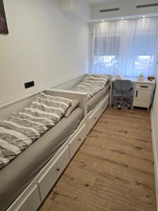 two beds in a room with a desk at Apartments with WiFi Slavonski Brod, Slavonija - 24649 in Slavonski Brod