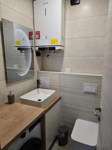 a small bathroom with a sink and a toilet at Apartments with WiFi Slavonski Brod, Slavonija - 24649 in Slavonski Brod +2 photos