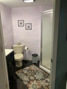 a bathroom with a toilet and a glass shower at Suhira Hospitality in Lansdowne