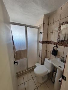 a bathroom with a toilet and a shower and a sink at Punta Playa 2 bedroom house in Ensenada +16 photos