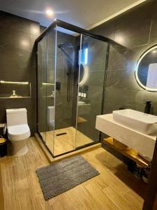a bathroom with a shower and a sink and a toilet at 1BR Comfort and style, near 5th Avenue with Pool in Playa del Carmen