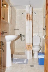 a bathroom with a sink and a toilet and a shower curtain at Athina Studios in Symi