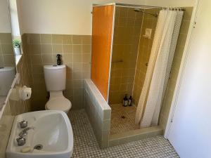 a bathroom with a shower and a toilet and a sink at Bermagui Breeze Holiday House 5 bedroom 18-20 Mumbulla Street - Bermagui in Bermagui