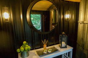 a bathroom with a mirror and a counter with a sink at Hut on The Grove in Twizel