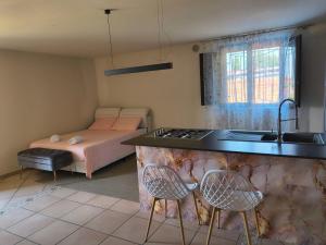 Una cocina con fregadero y una cama en una habitación. en Luxury Villa Daisy, en San Giorgio di Pesaro