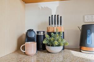 eine Küchentheke mit einer Pflanze und einigen Utensilien in der Unterkunft Lakeside Luxe Retreat - Pool View BBQ Spa Bath in Cairns North