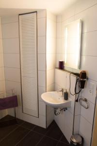 a bathroom with a sink and a mirror at Ferienhaus Borneich in Schwalbach