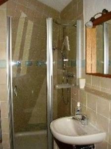 ein Bad mit einer Dusche und einem Waschbecken in der Unterkunft Appartements An der Muehle in Brunshaupten