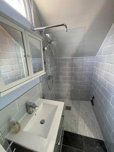 Un baño con lavabo blanco y ducha. en Cosy, Cute Annnex, en Sidmouth