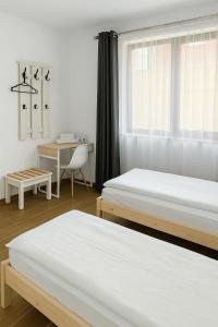 a bedroom with two beds and a desk and a window at PlaiulGreenbike in Deva