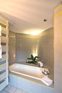 La salle de bains est pourvue d'une baignoire avec une plante. dans l'établissement Hotel Au Vieux Moulin, à Graufthal