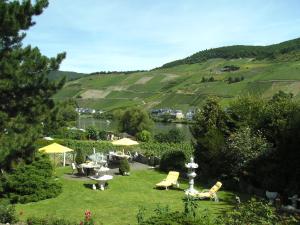a garden with chairs and umbrellas next to a river at Haus Marientaler Au GbR in Zell an der Mosel +25 photos