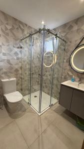 a bathroom with a shower and a toilet and a sink at Cabo zen suites in Cabo Negro