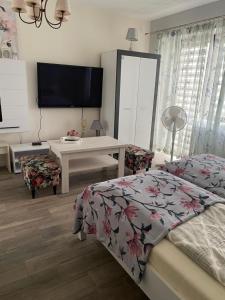 ein Schlafzimmer mit einem Bett und einem Flachbildfernseher in der Unterkunft Rubinowe Apartamenty in Sandomierz