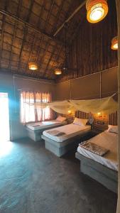 a room with four beds in it with lights at The Cottage Core Village in Borās