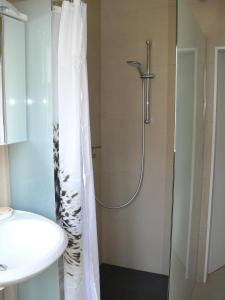 a bathroom with a shower and a sink at Thermenland in Rudersdorf