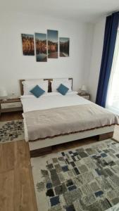a bedroom with a large bed with blue pillows at Ap CALAS , No2 2B Parter in Râşnov