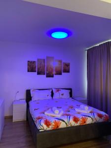 a bedroom with a bed with a purple light on it at Comfort Residence Studio in Sfântu-Gheorghe