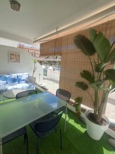 een kamer met een glazen tafel en een potplant bij Pool Terrace in El Médano