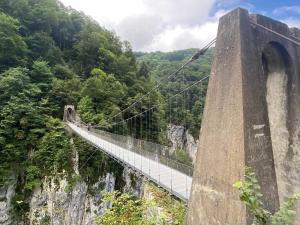 a suspension bridge on a mountain with trees at Appartement cosy au calme in Hasparren