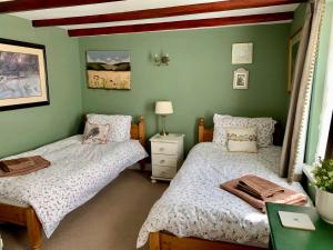 two twin beds in a bedroom with green walls at Gowland Cottage, Old Town, Scarborough in Scarborough +35 photos