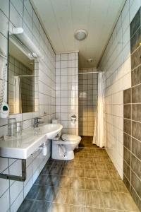 a bathroom with a toilet and a sink and mirror at Sølvgarden Hotel in Rysstad