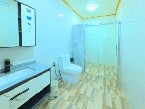 a bathroom with a toilet and a glass shower at Tropico villa in Ukulhas +34 photos