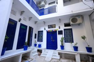a white building with blue doors and potted plants at Whitepoppy Hostel in Udaipur