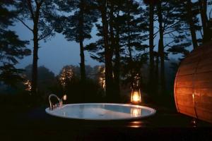 a hot tub in the middle of a forest at night at The SENSE FUJI in Narusawa