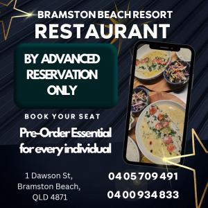 a flyer for a banquet restaurant restaurant restaurant reservations reservation sign with food at Bramston beach resort in Bramston Beach