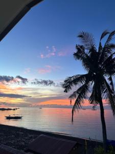 eine Palme und ein Boot im Wasser bei Sonnenuntergang in der Unterkunft Ohana Semeistvo Beach house in Sampong