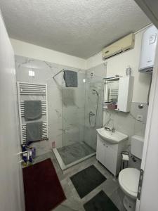 un baño con ducha y WC en Renoviran i novo namješten Apartman, en Velika Kladuša